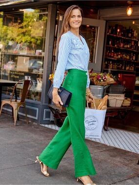 J CREW Cafe Trouser 100% Linen Kelly Green Size 6 Coastal Old Money Classic